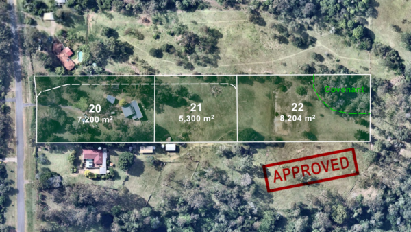 Subdivision layout: one street-fronting lot and two rear lots sharing an access easement.