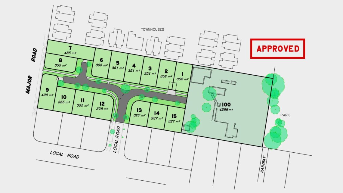 Subdivision layout: 15 vacant residential lots on new roads, and one large balance lot containing an existing dwelling.